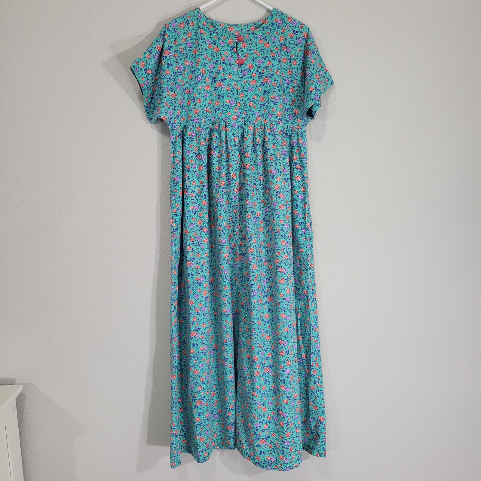 Handmade Floral Maxi Dress Womens Medium Turquoise Teal Short Sleeve Cottagecore